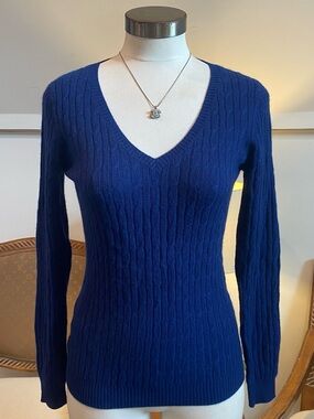 KIER + J Royal Blue V-Neck Cable Knit 100% Cashmere Sweater Size S